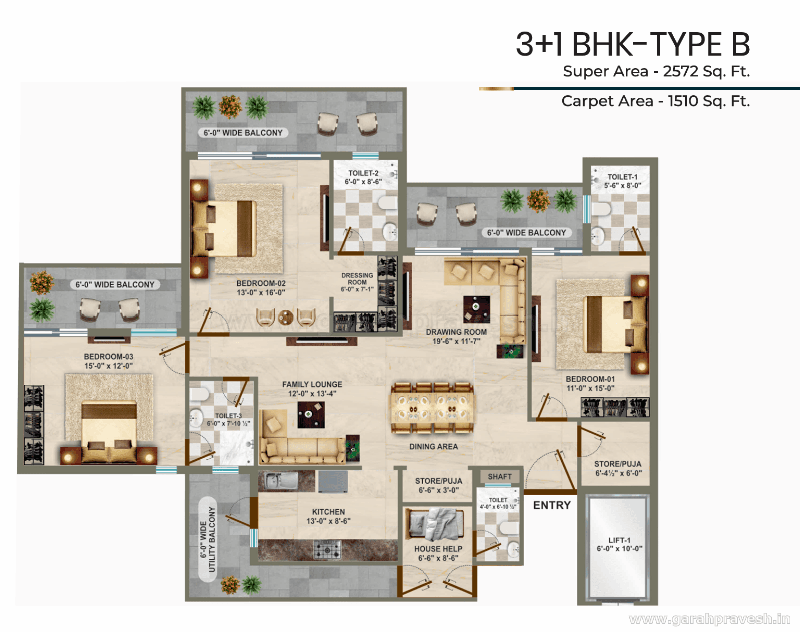Floor plan — 3+1 BHK, Genesis Heights