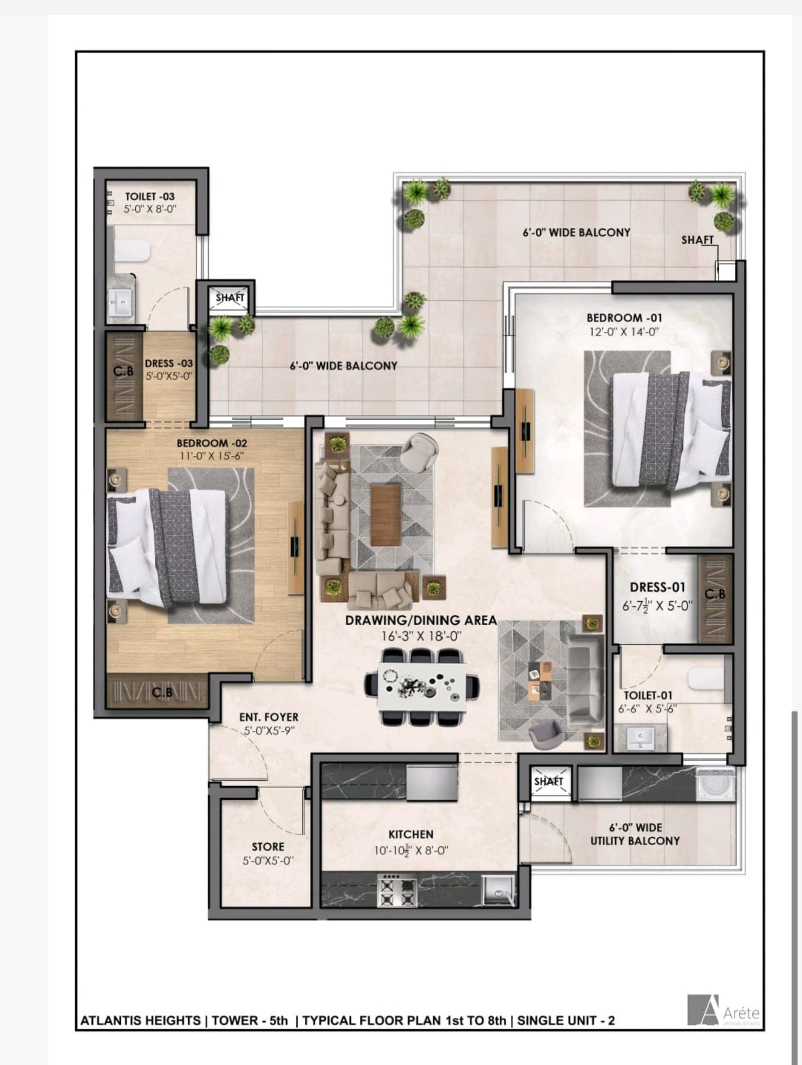 Floor plan — 3BHK, Atlantis Grand