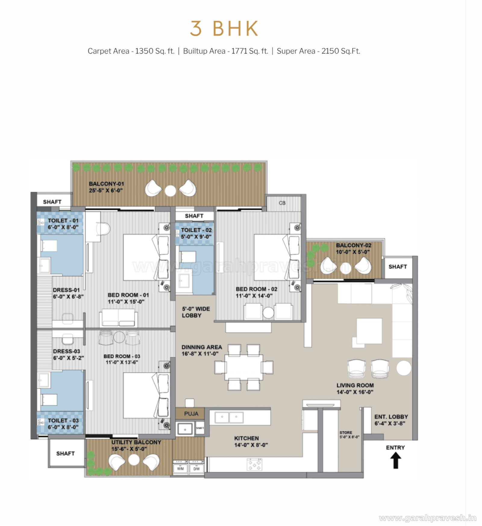 Floor plan — 3BHK, Affinity Belgravia