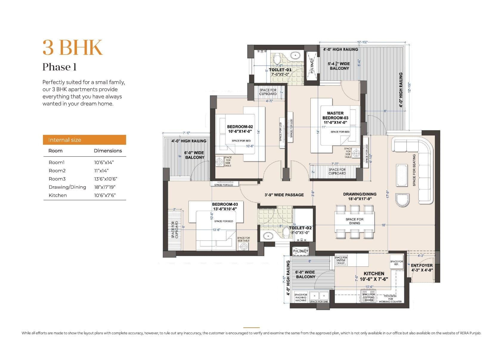 Floor plan — 3BHK, Escon Primera
