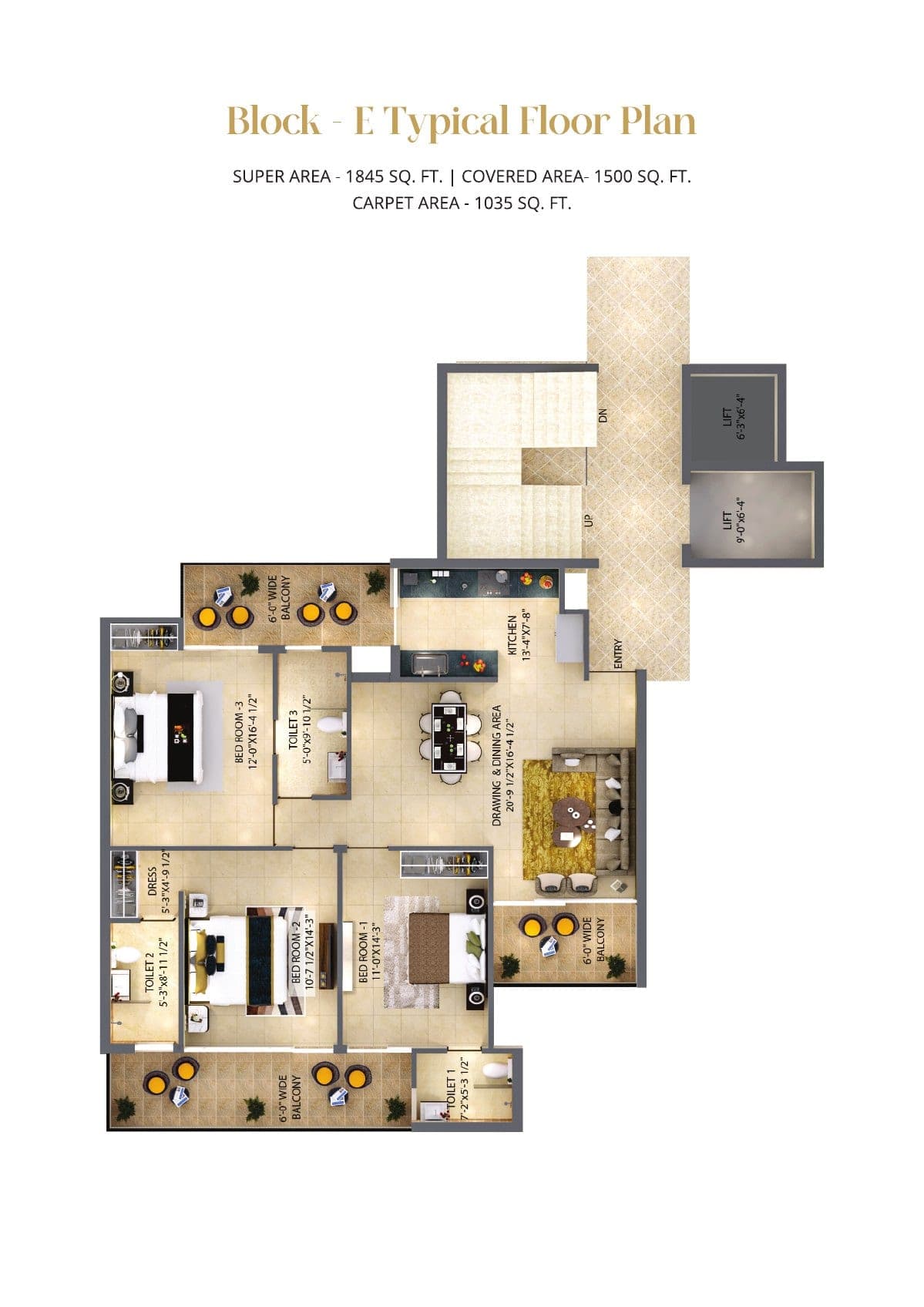 Floor plan — 3BHK · Block E, Hermitage Centralis