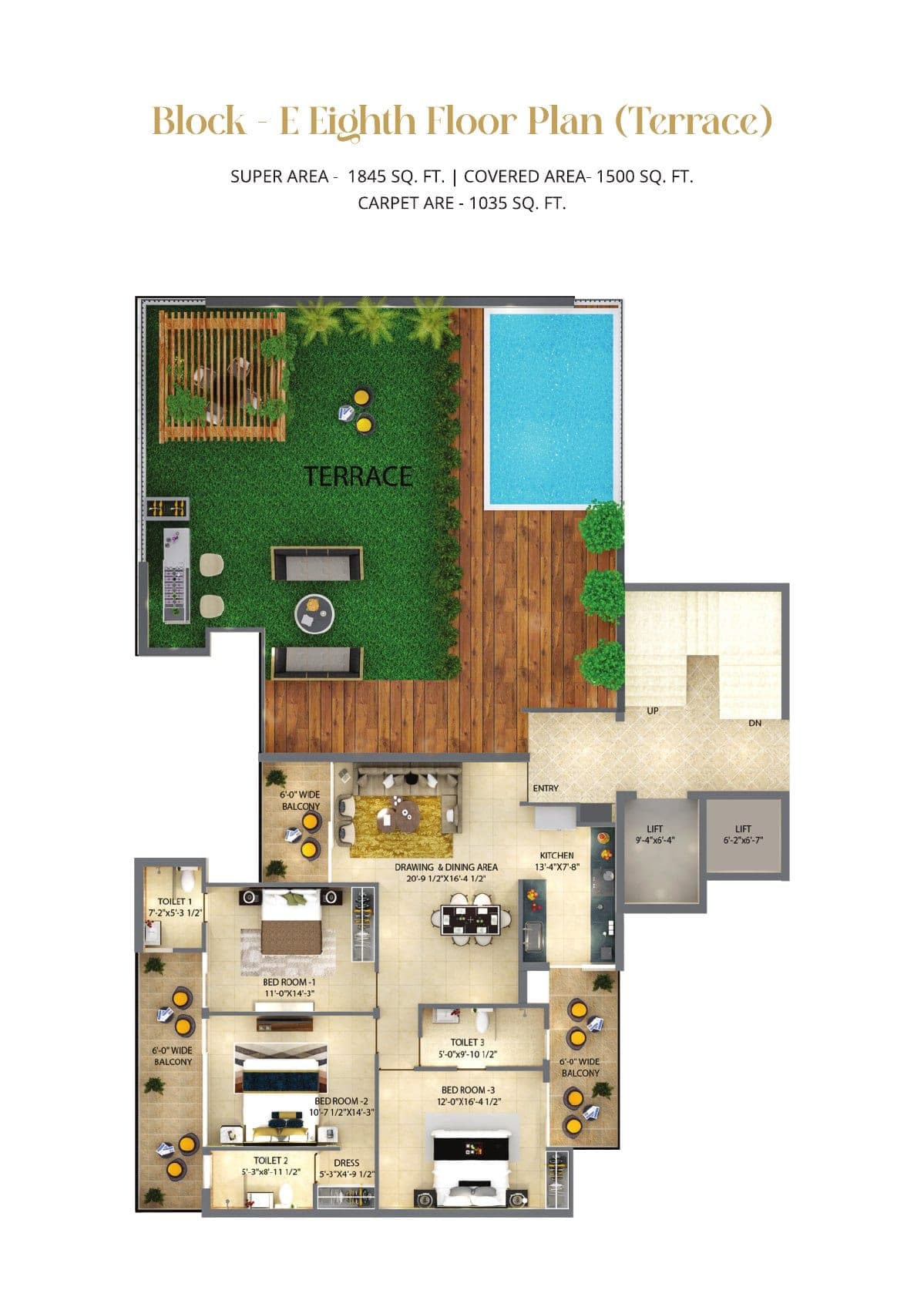 Floor plan — 3BHK Terrace · Block E, Hermitage Centralis