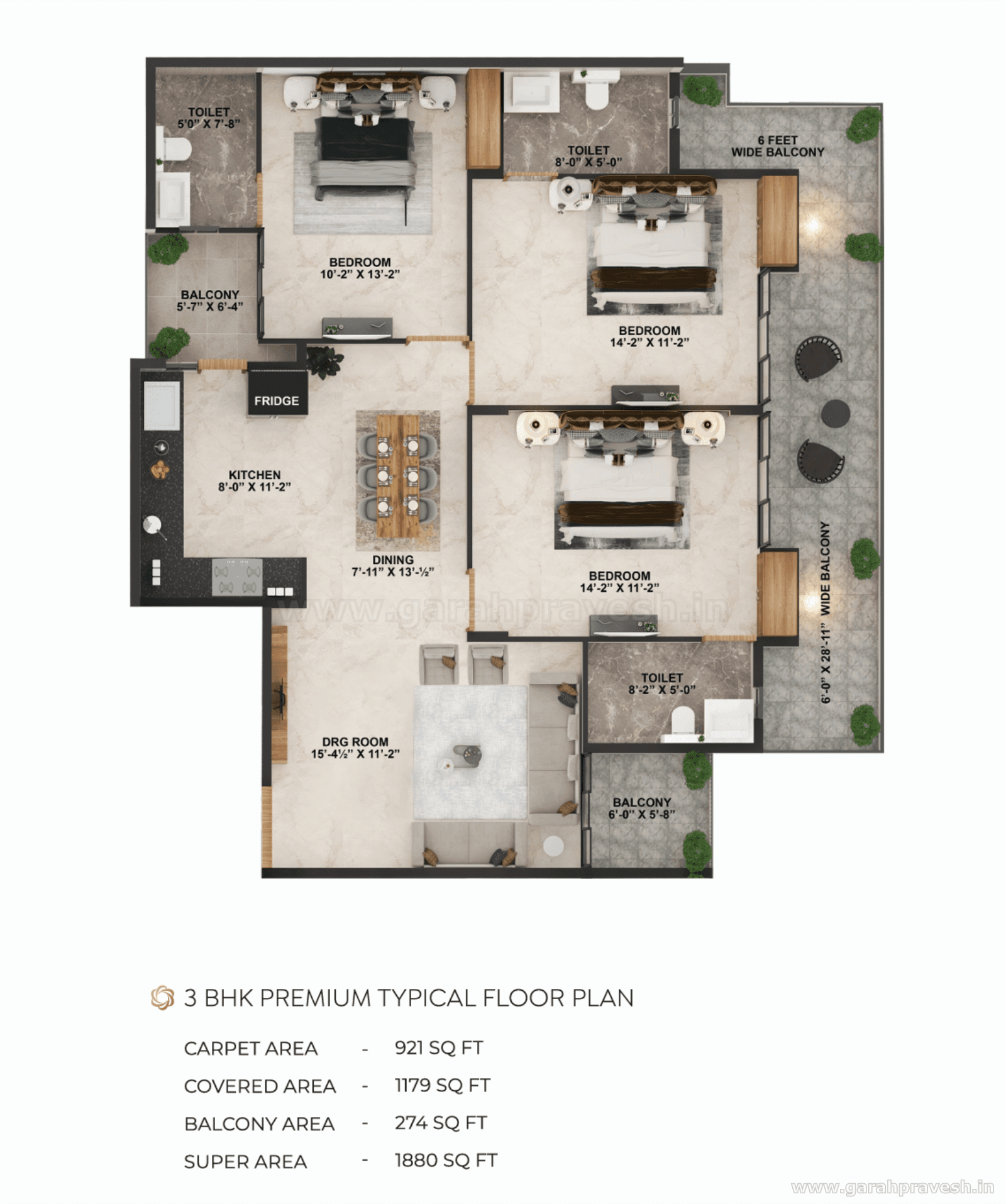 Floor plan — 3BHK, Hermitage Royale (Auroville Heights)