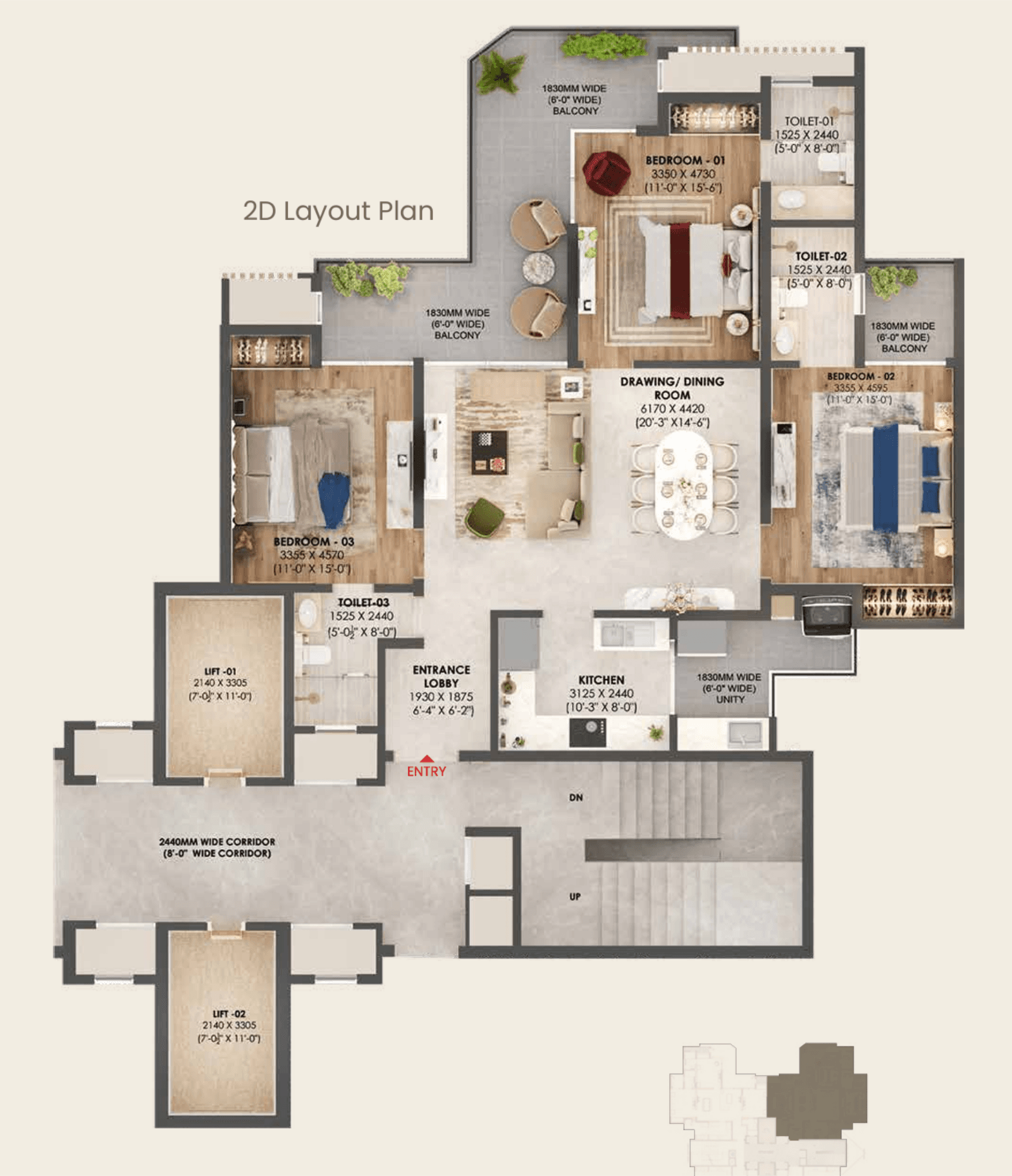Floor plan — Flat 1073 sq.ft, Suncity Ultima