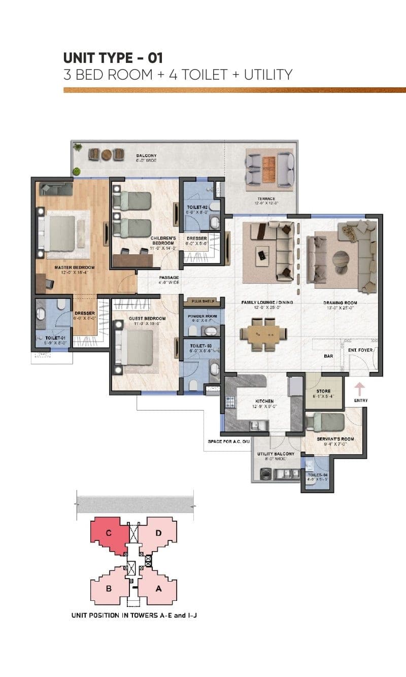 Floor plan — Unit Type-01 : 3 Bed Room + 4 Toilet + Utility · A-E, I-J, The Medallion Aurum