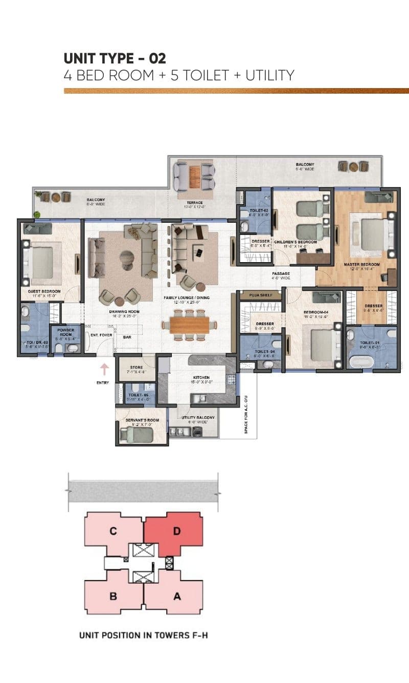 Floor plan — Unit Type-02 : 4 Bed Room + 5 Toilet + Utility · F-H, The Medallion Aurum