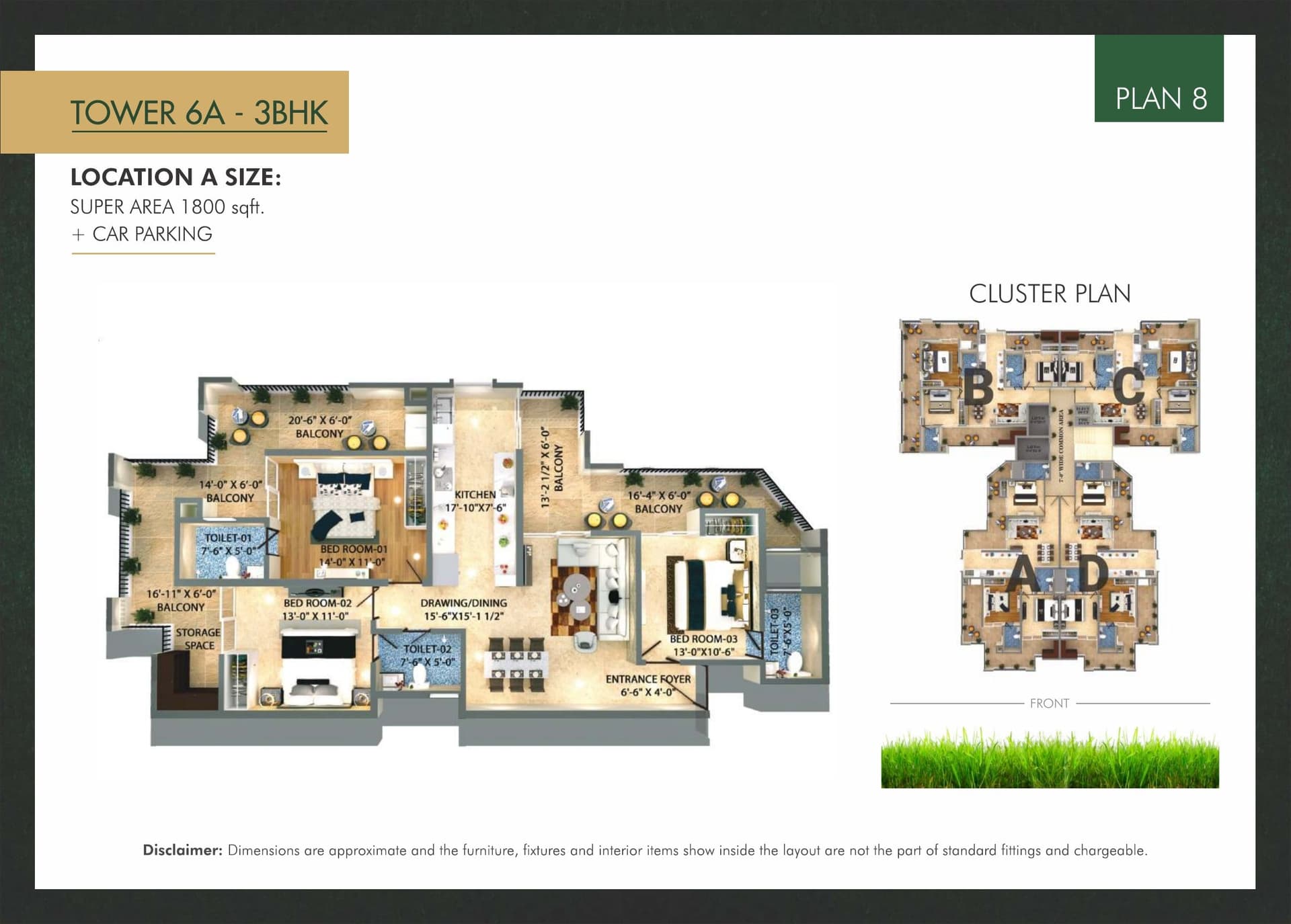 Floor plan — 3BHK · Tower 6A · Plan 8, Trishla City