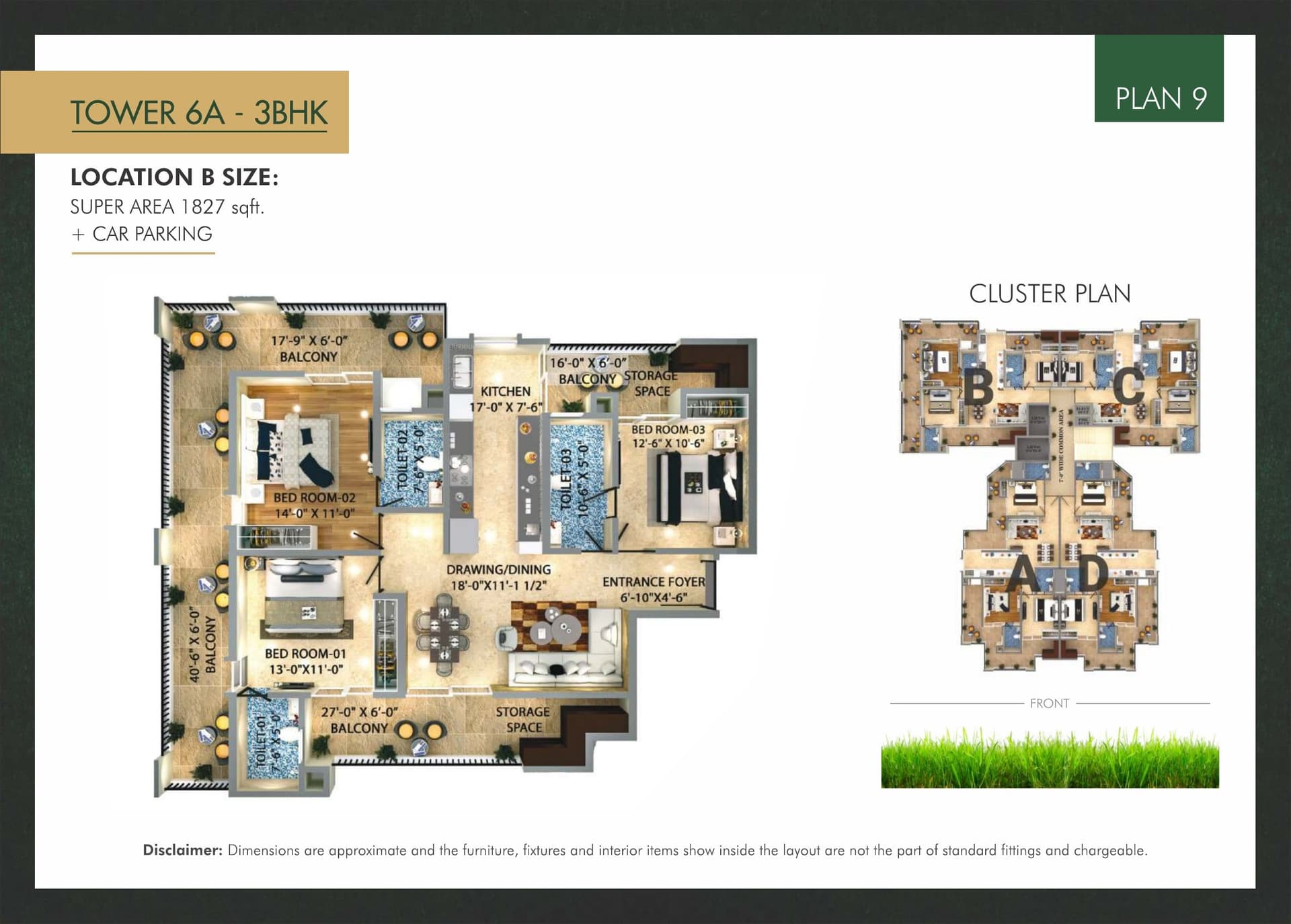 Floor plan — 3BHK · Tower 6A · Plan 9, Trishla City