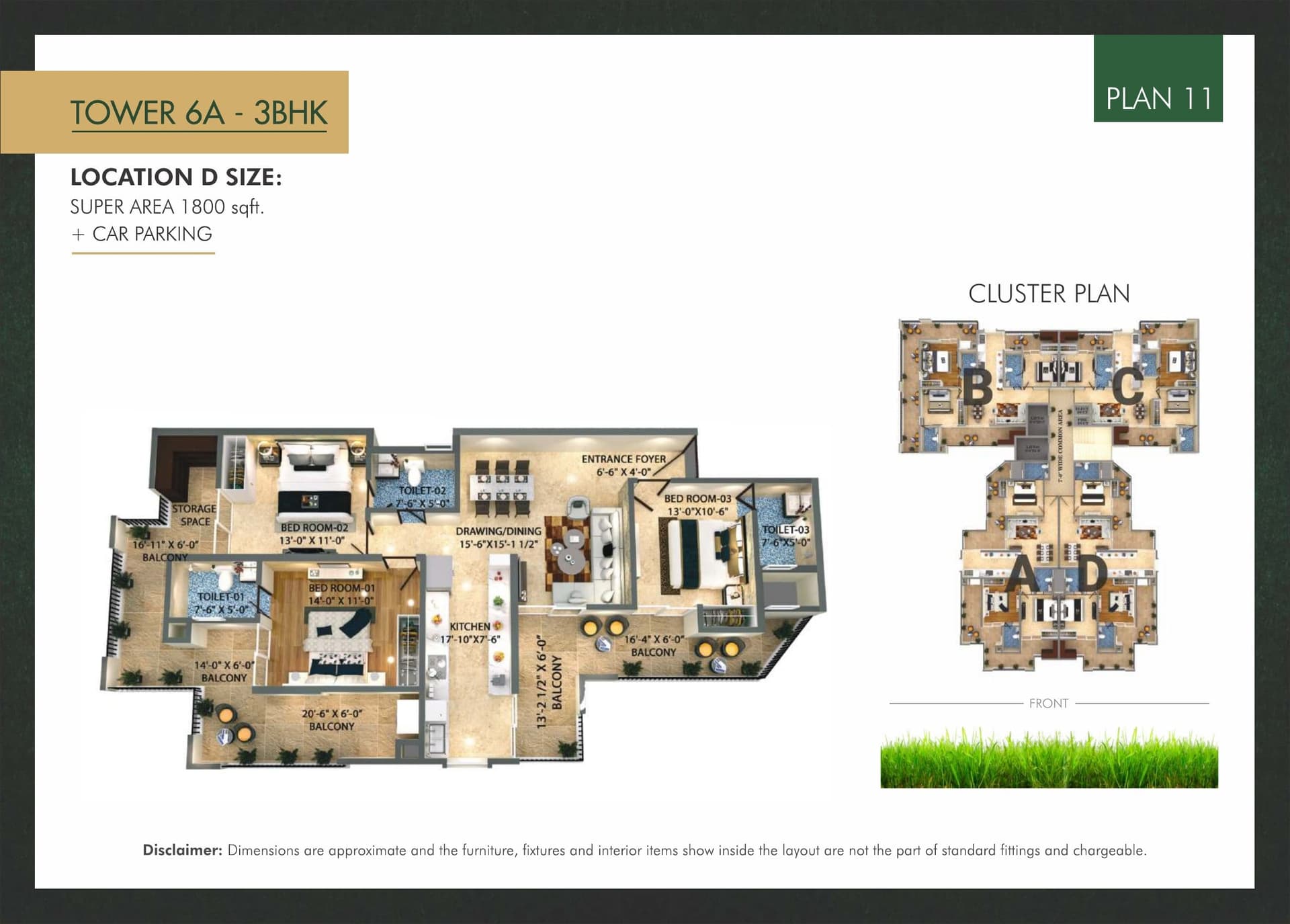 Floor plan — 3BHK · Tower 6A · Plan 11, Trishla City