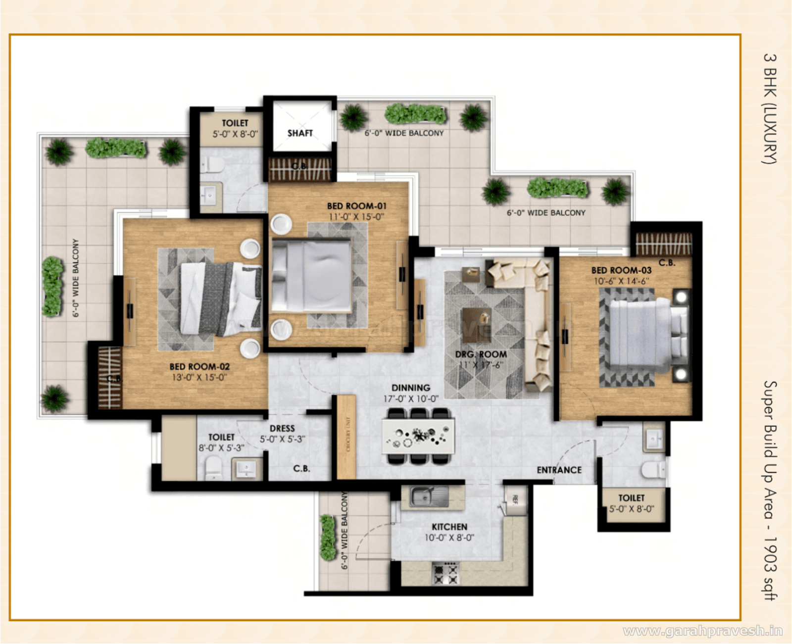 Floor plan — 3 BHK, The Vibe