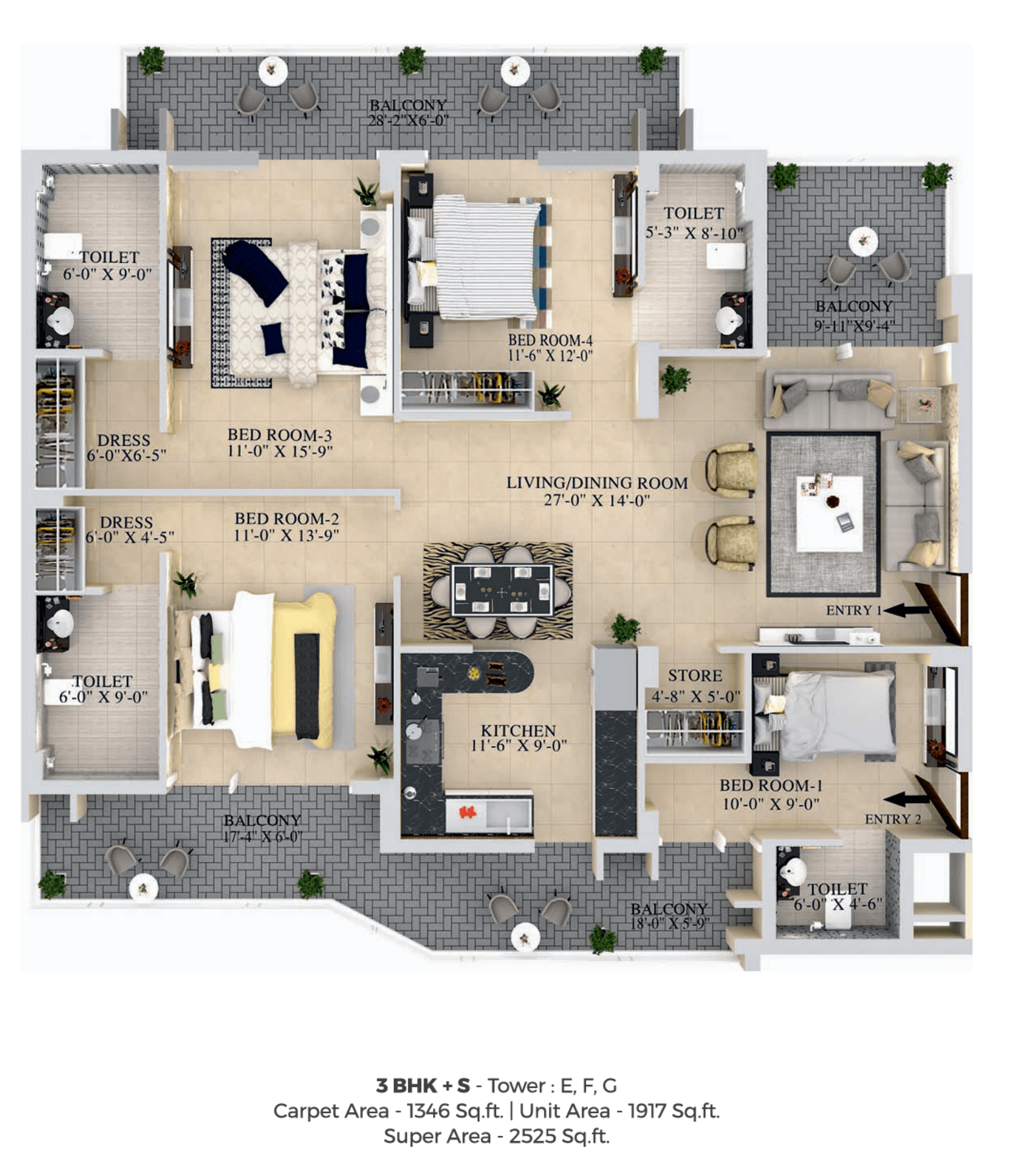 Floor plan — 3BHK+1, Green Lotus Utsav