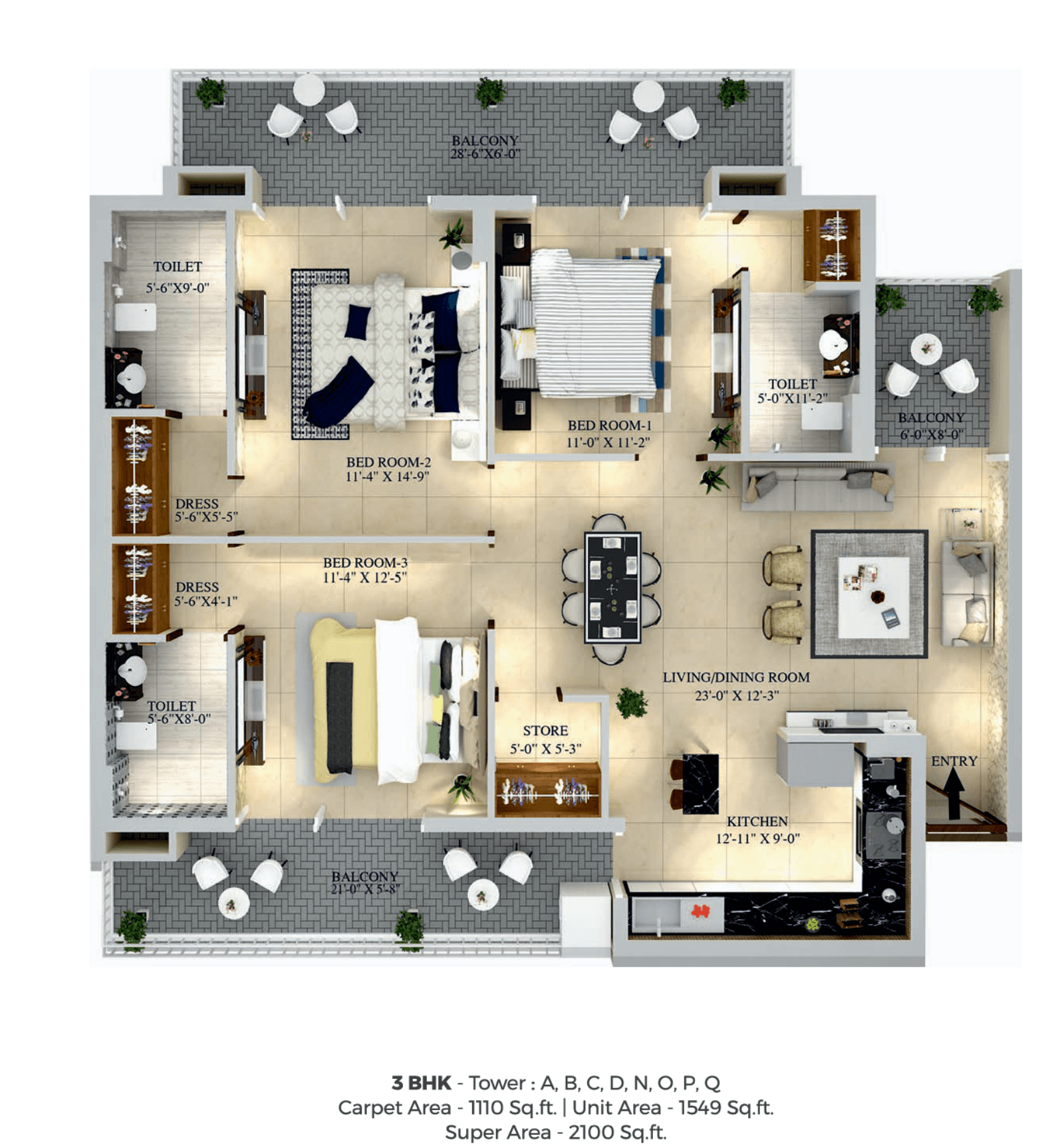Floor plan — 3BHK, Green Lotus Utsav