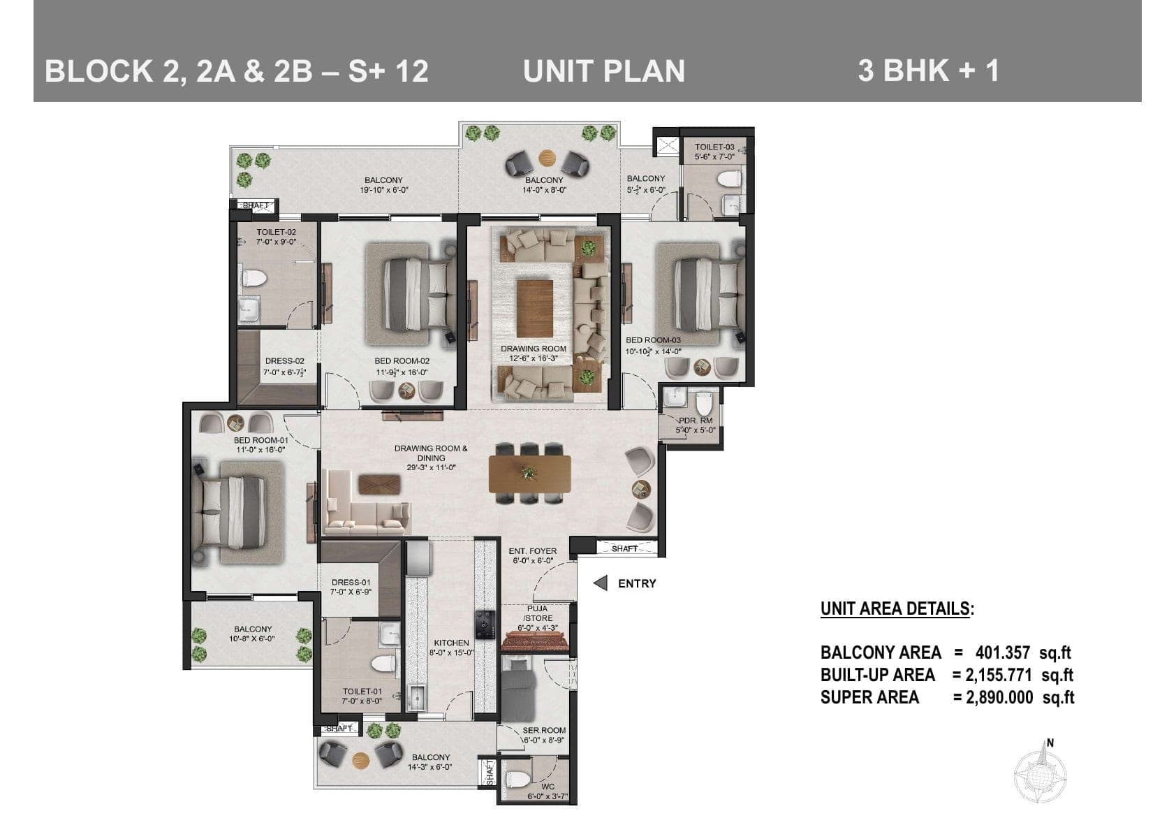 Floor plan — 3+1 BHK · Block 2, 2A & 2B (S+12), The Eden Park