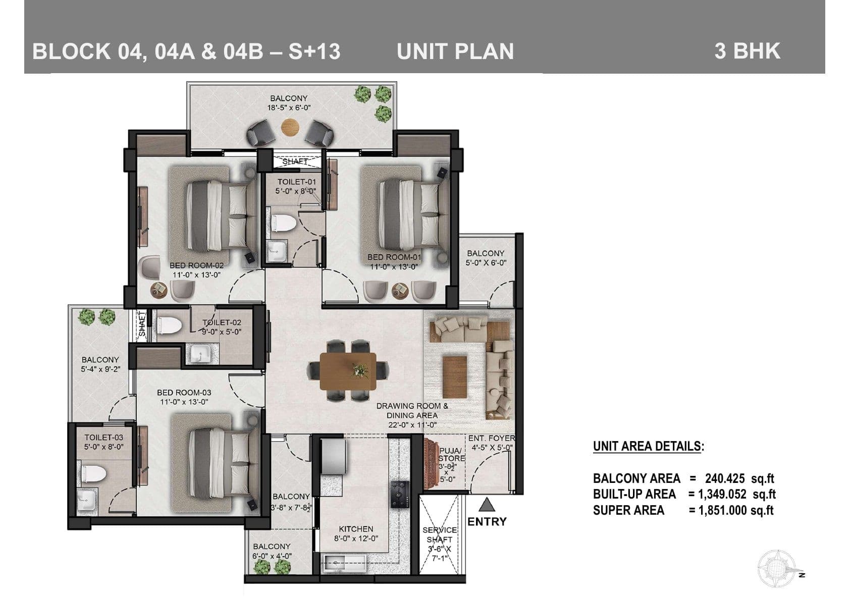 Floor plan — 3BHK · Block 04, 04A & 04B (S+13), The Eden Park