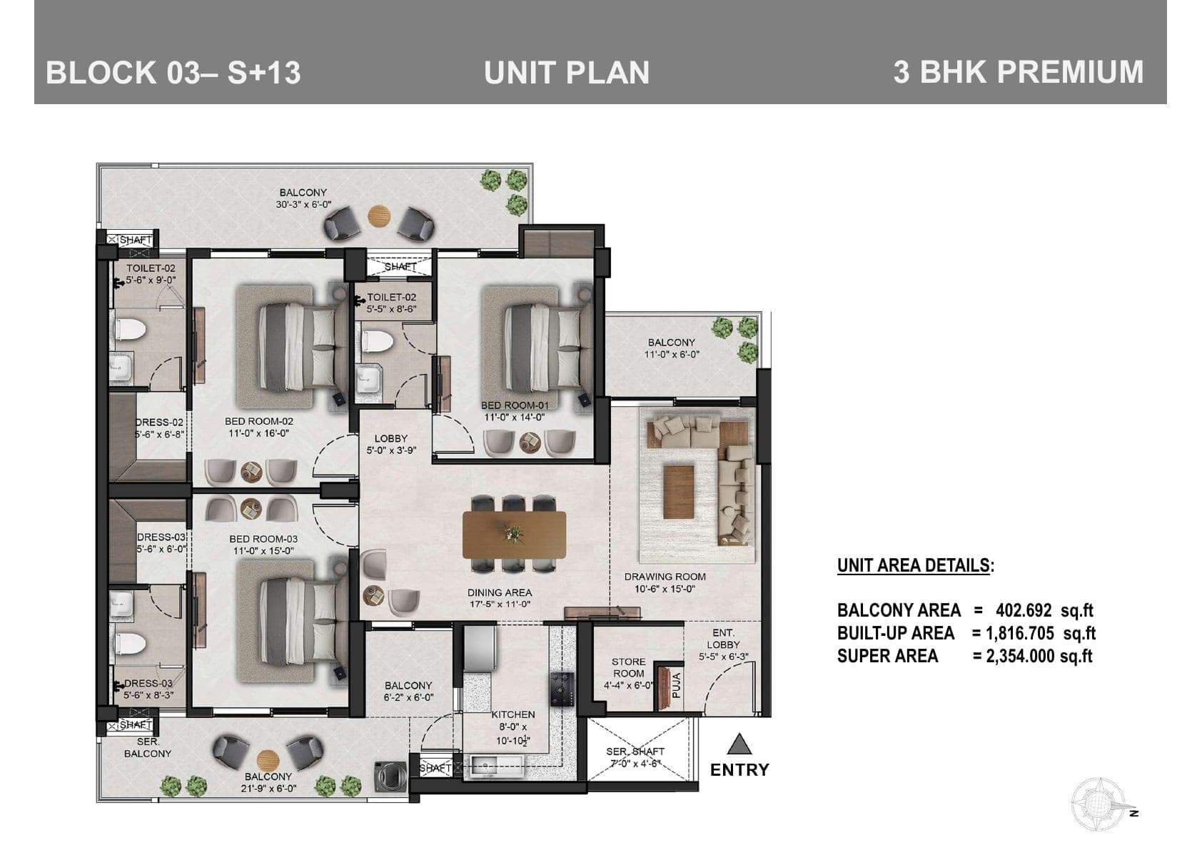 Floor plan — 3BHK Premium · Block 03 (S+13), The Eden Park