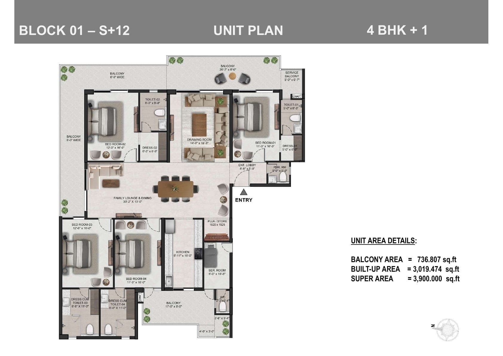 Floor plan — 4+1 BHK · Block 01 (S+12), The Eden Park